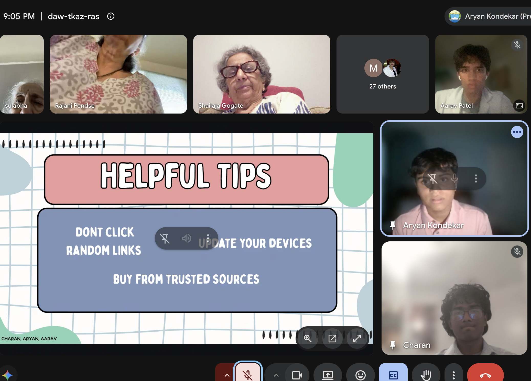 THHYE volunteers presenting an internet safety slide with helpful tips to seniors over a Google Meet online workshop